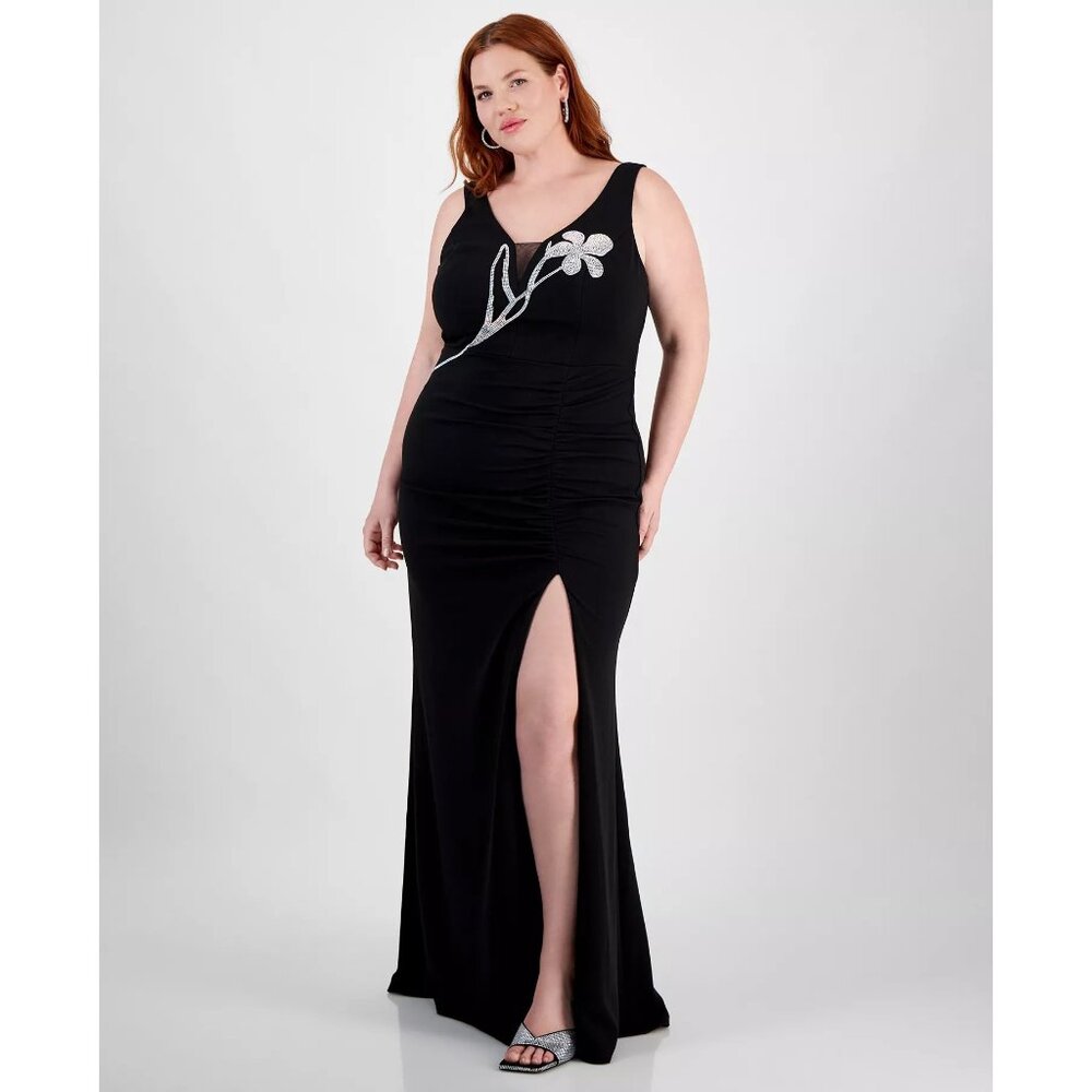 City Studios Trendy Plus Size Split-Neck High-Slit Scuba Long Gown Size 20W NWT